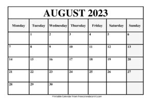 August 2023 Calendar Printable PDF Template August 2023 Calendar Printable PDF Template