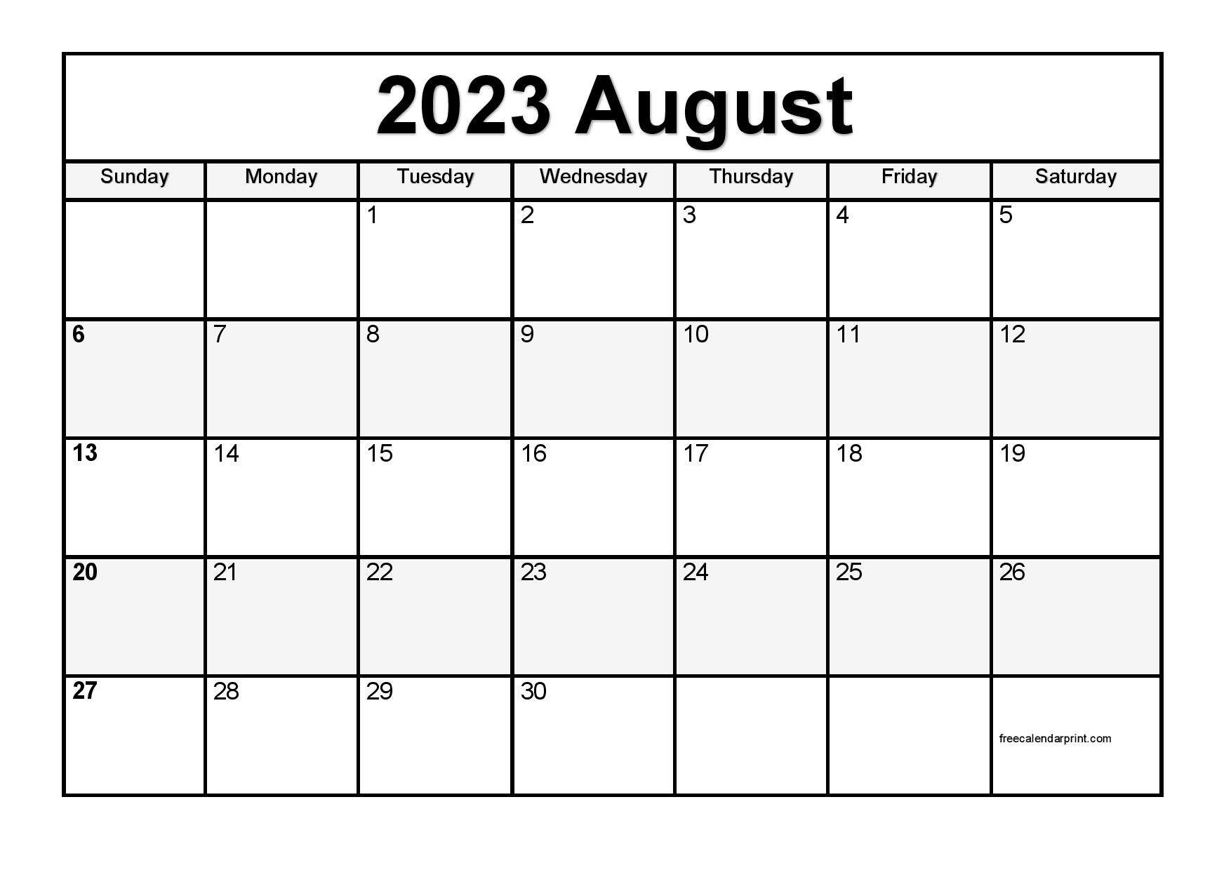 Blank August Calendar 2023 Printable Word PELAJARAN