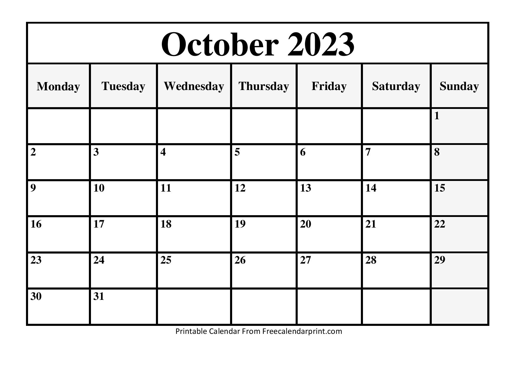 October 2023 Calendar Printable PDF Template