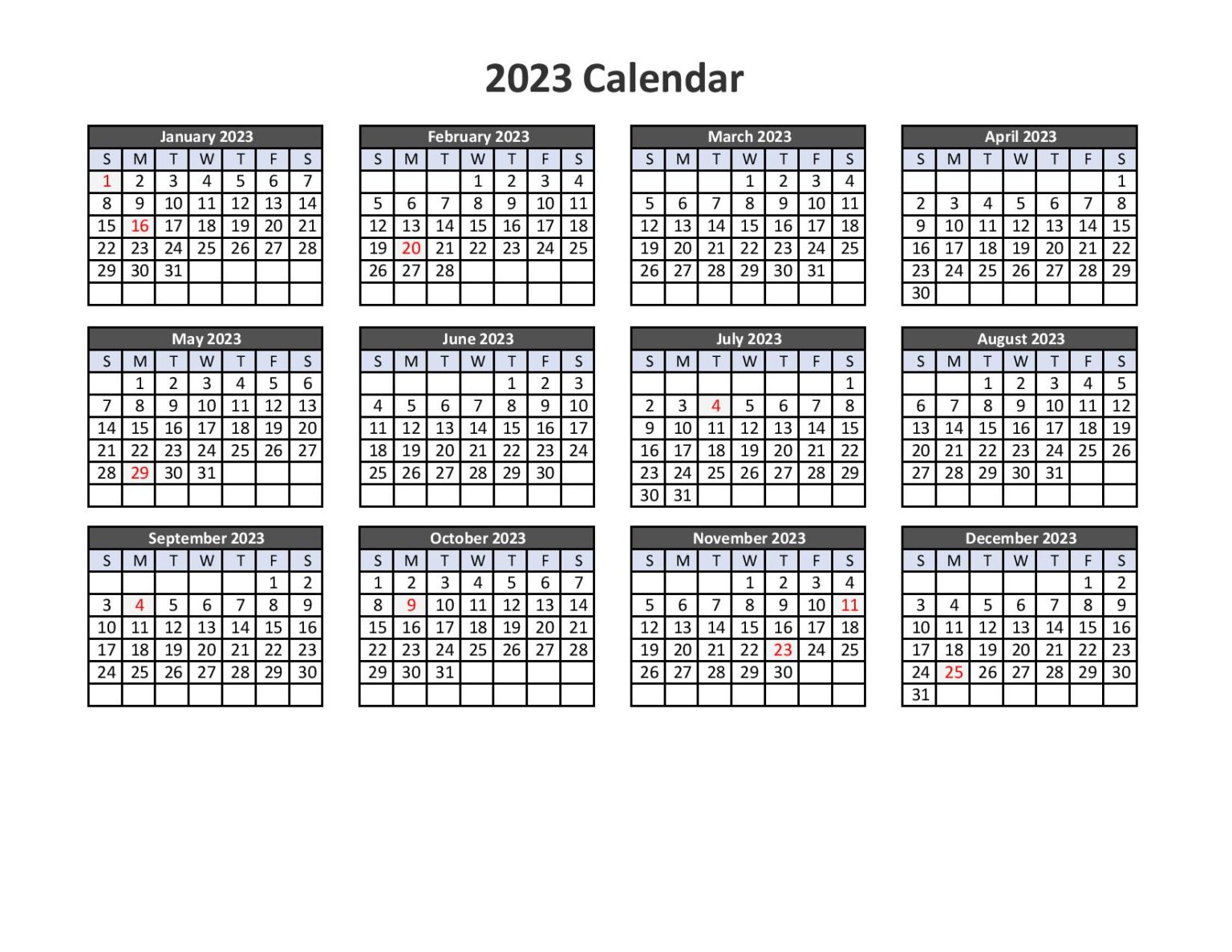 2023 Printable Calendar Template Pdf Word Excel 6005