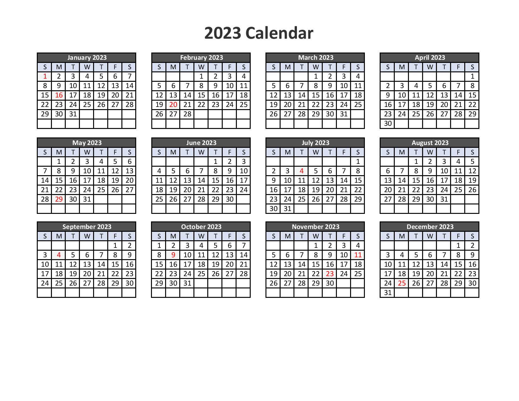 2023 Printable Calendar Template PDF Word Excel Free 2023 Calendar