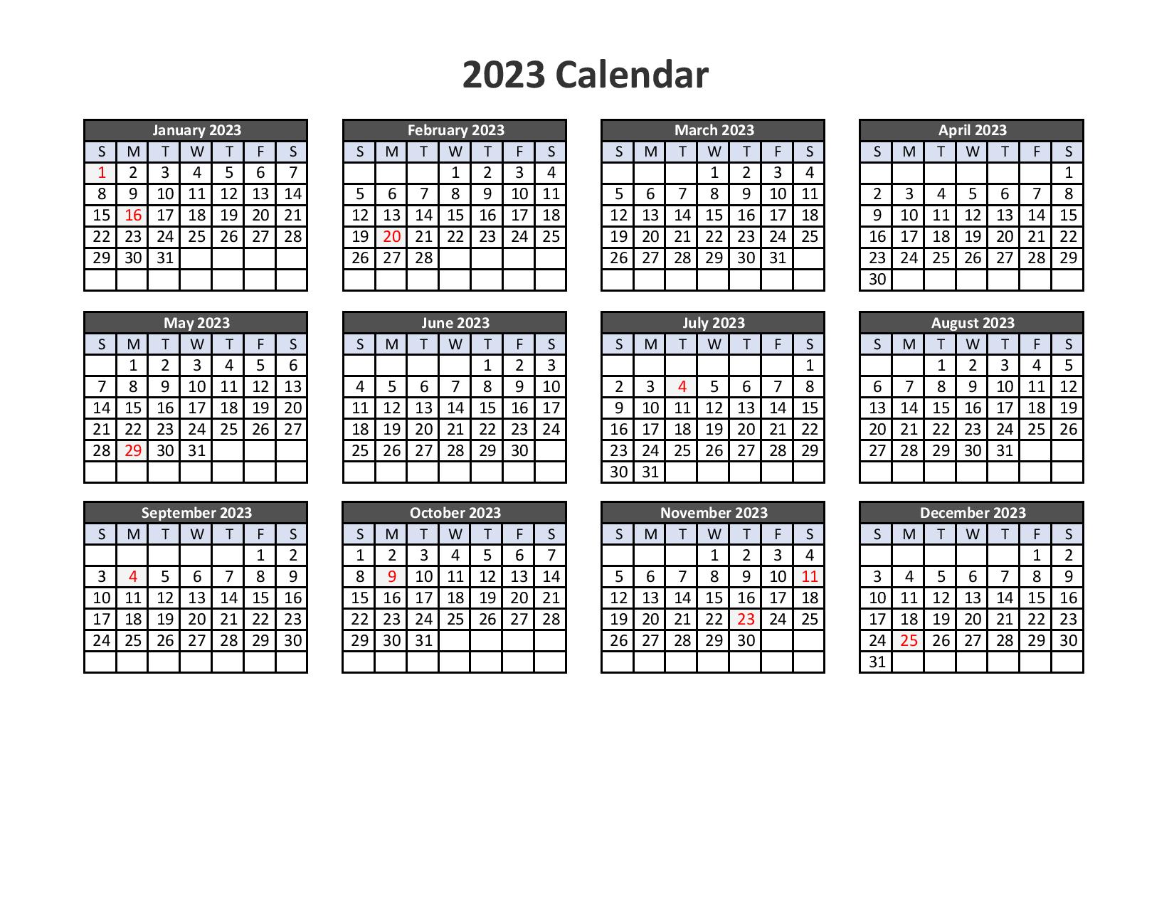 2023 Printable Calendar Template PDF Word Excel