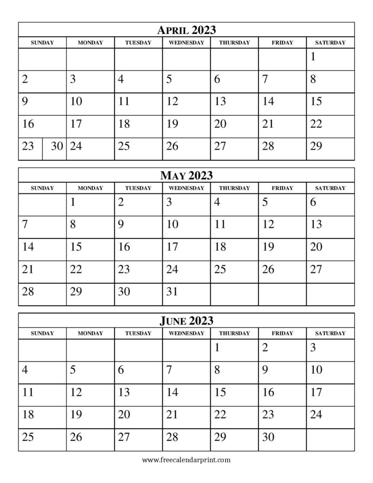 April May June 2023 Calendar Printable PDF