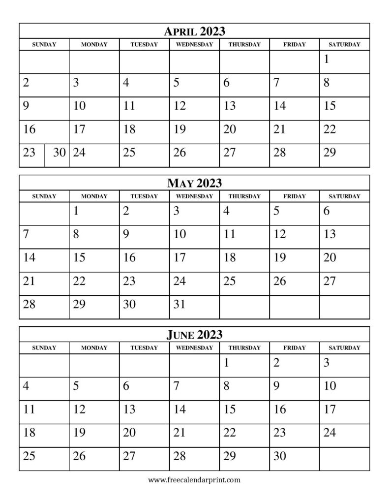 April May June 2023 Calendar Printable PDF