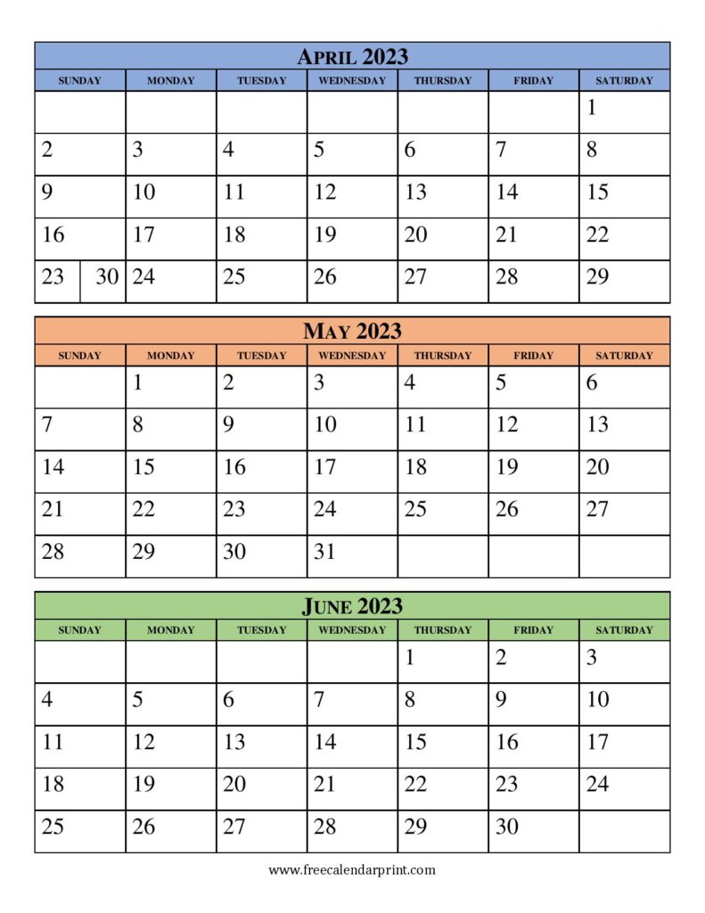 April May June 2023 Printable Calendar