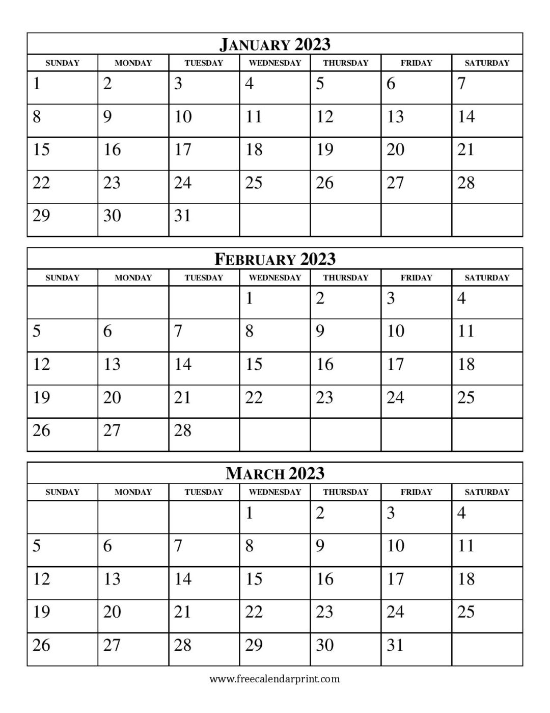 January February March 2023 Calendar Printable