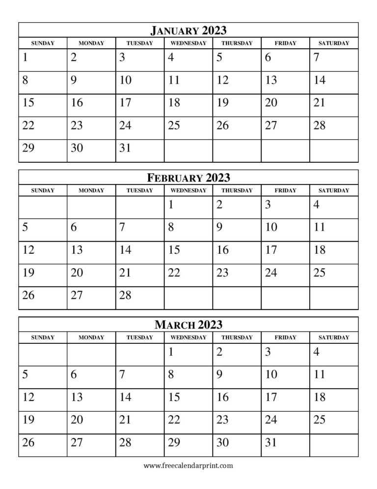 2023 Calendar Three Months Per Page – Printable Template | Free 2023 ...