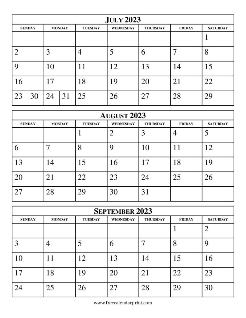July August September 2023 Calendar Printable