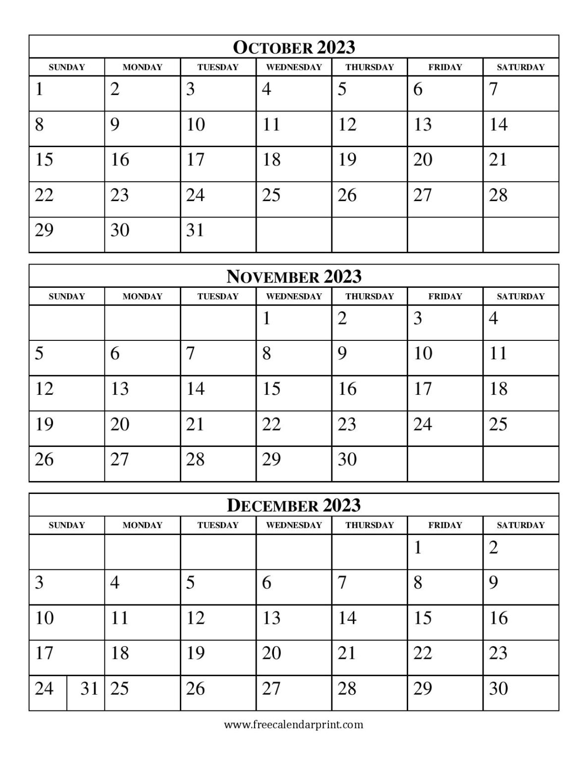 2023 Calendar Three Months Per Page - Printable Template