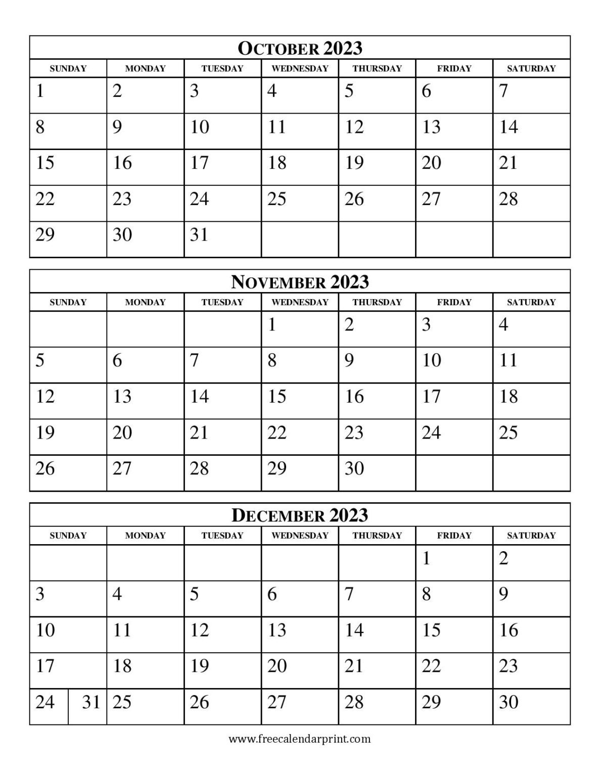 2023 Calendar Three Months Per Page Printable Template