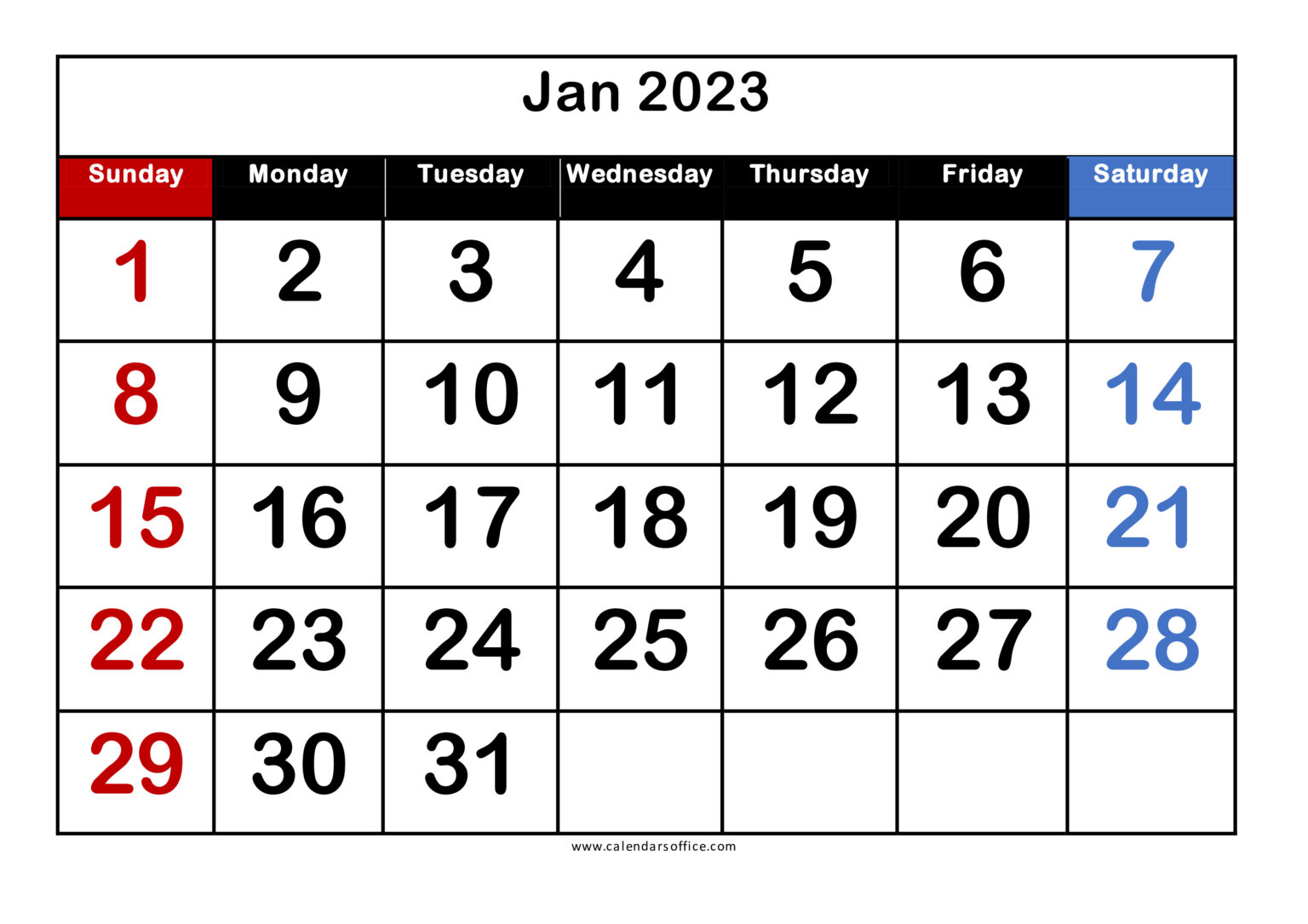 2023 Printable Calendar with Large Dates