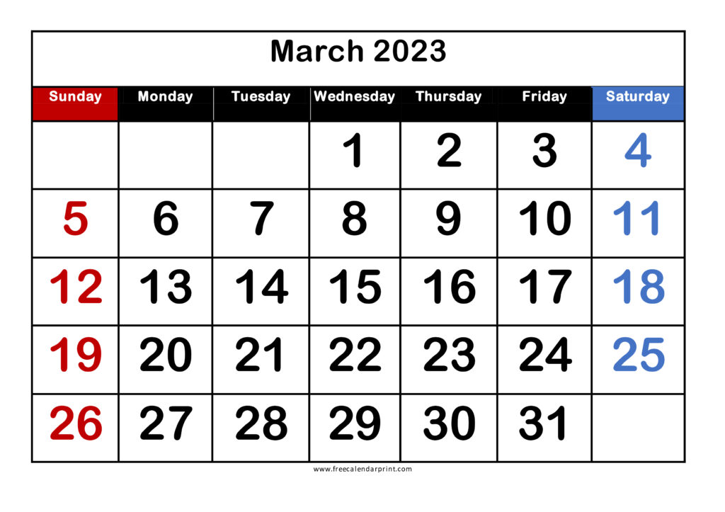 March 2023 Calendar with Large Dates