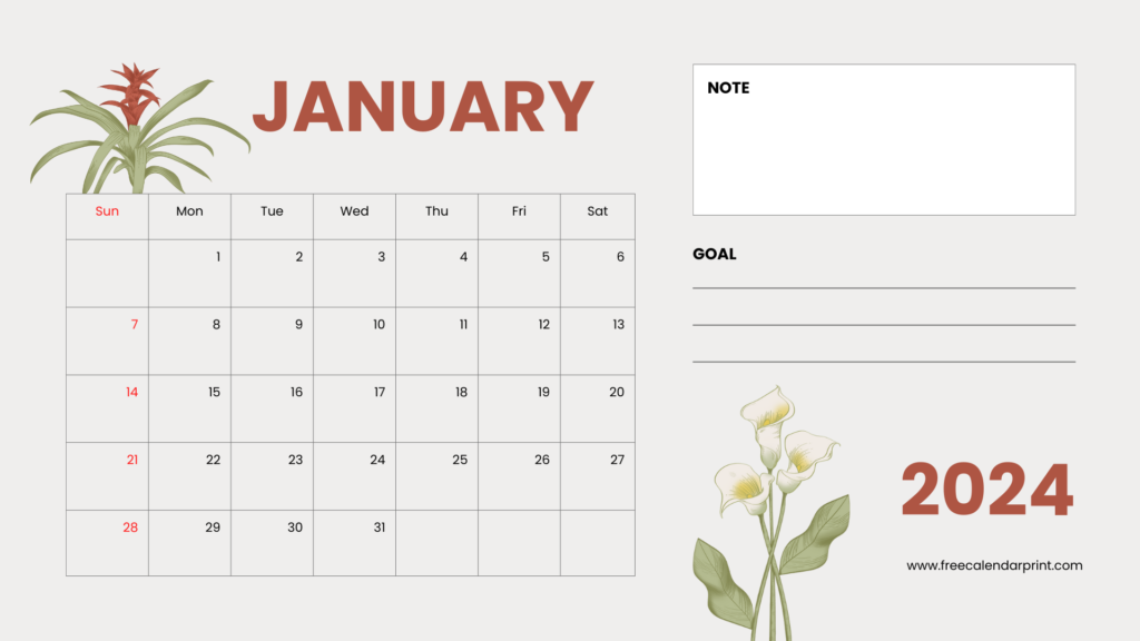 Modern Floral January 2024 Calendar