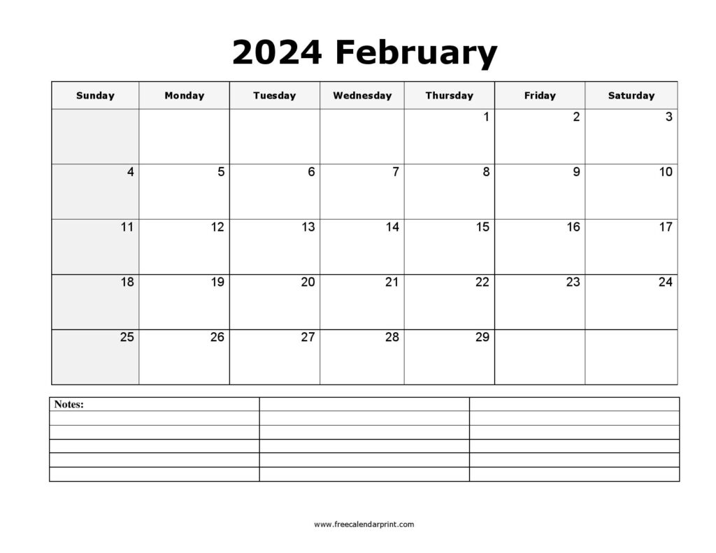 printable February 2024 calendar with notes