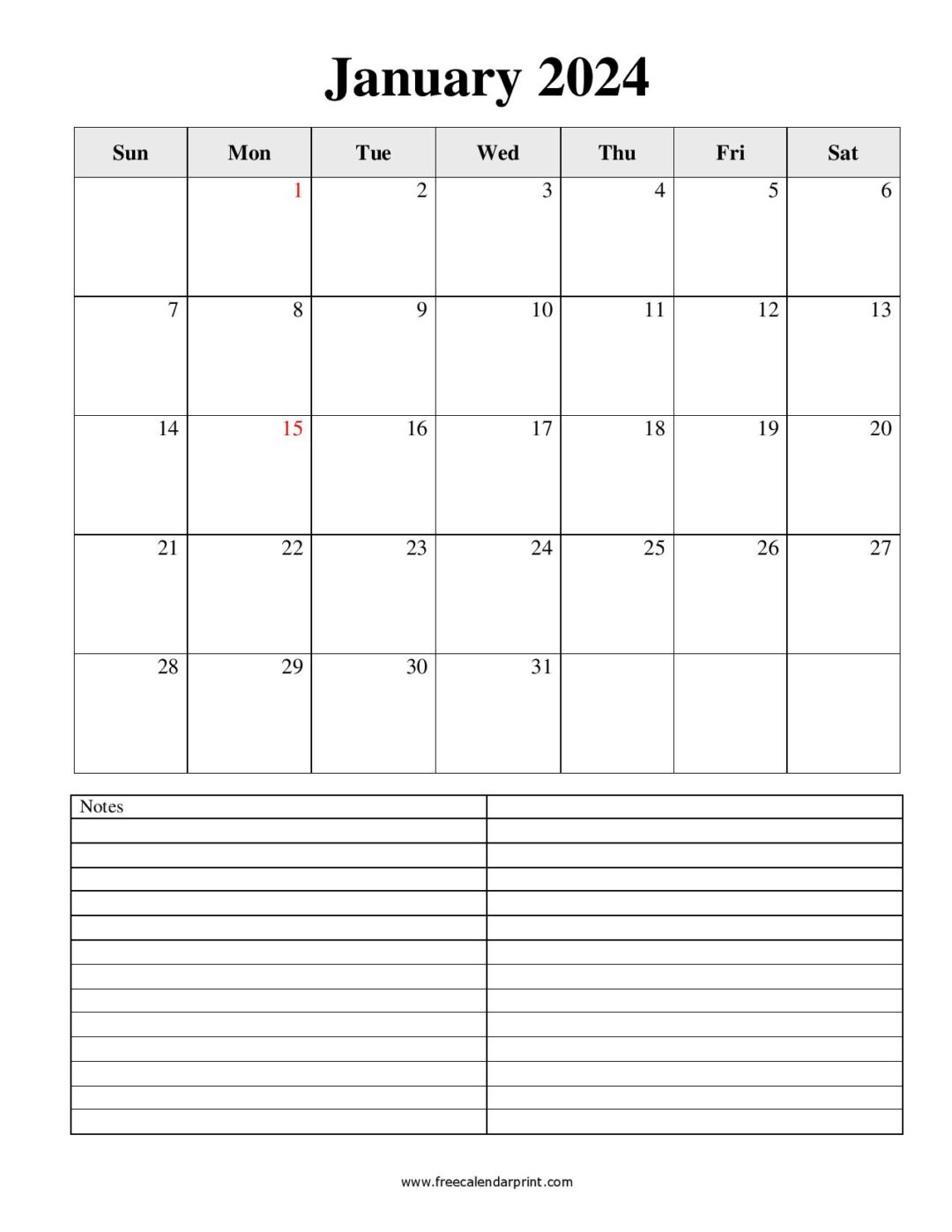 January 2024 Calendar Printable PDF Blank Templates