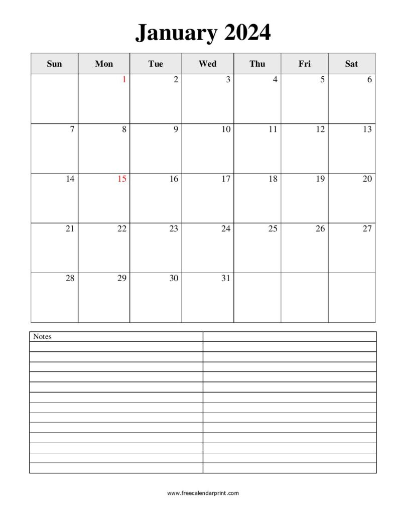 Printable Calendar January 2024
