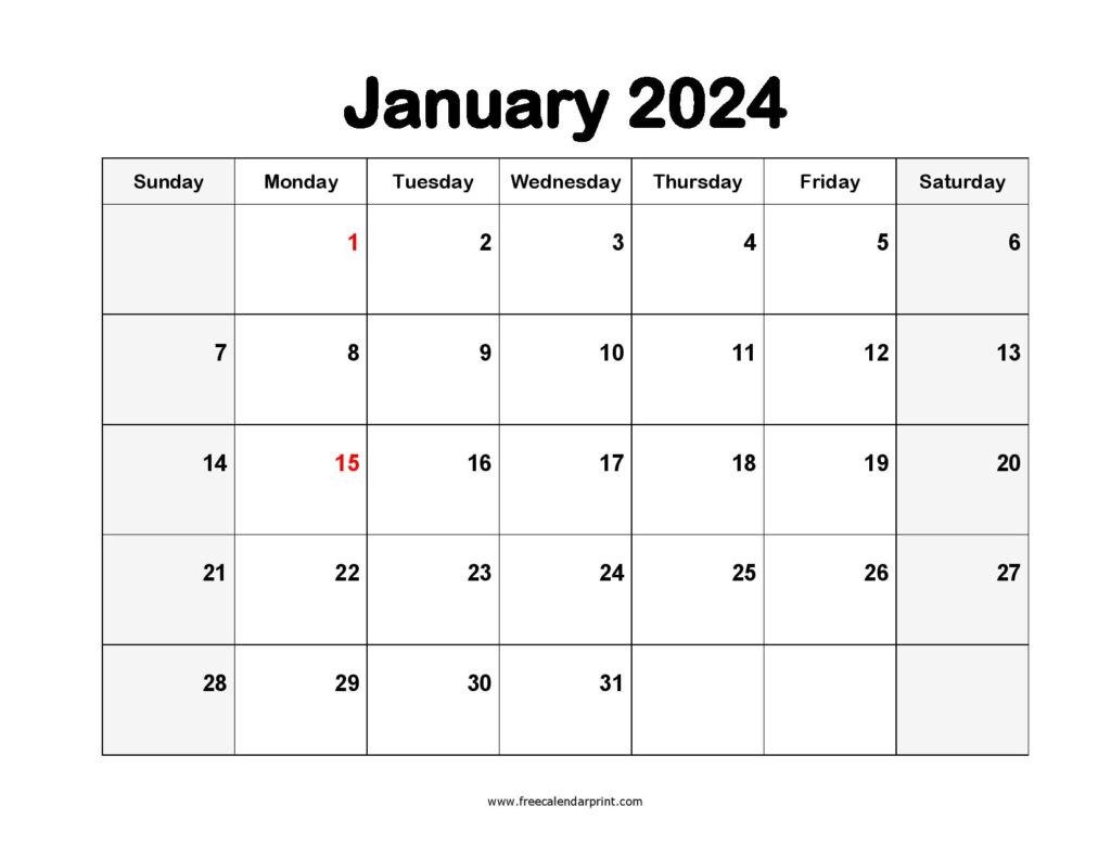 January 2024 printable calendar