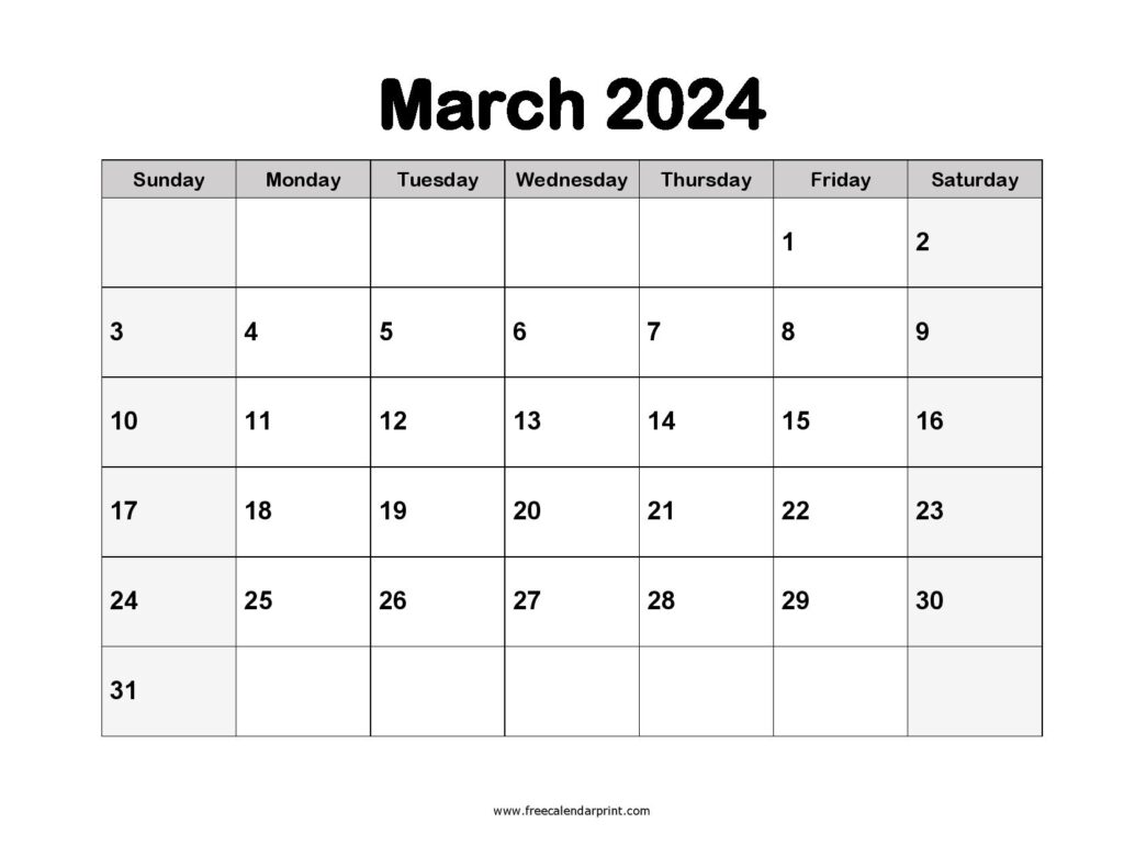 blank March 2024 calendar printable