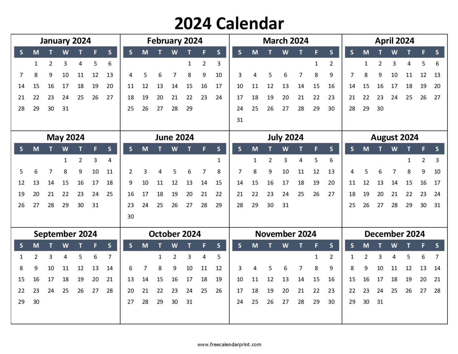 Free Printable 2024 Calendar Template (PDF, Word)