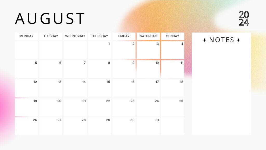 Colorful August 2024 Calendar