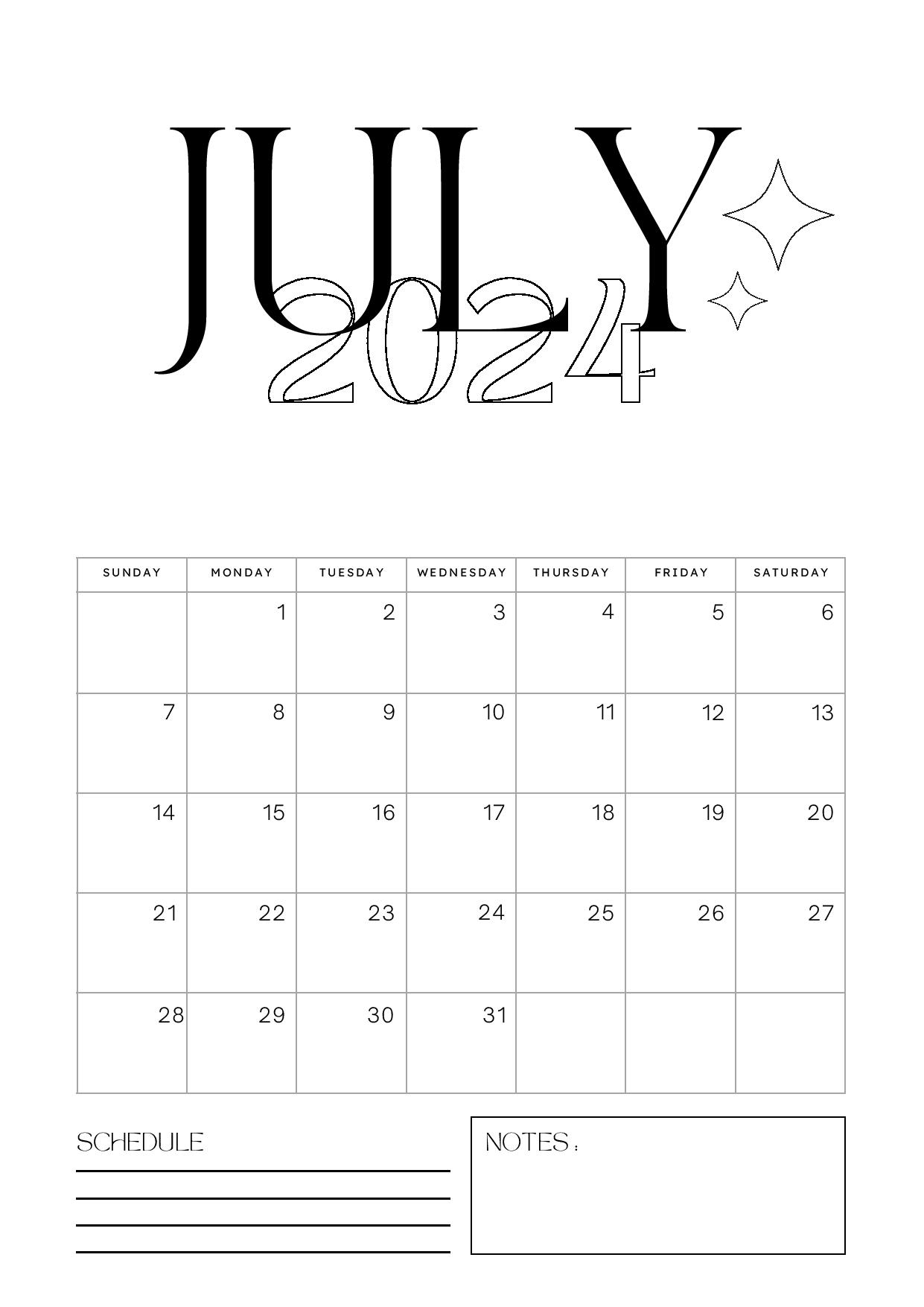 Free Printable July 2024 Calendar PDF Templates Free 2023 Calendar