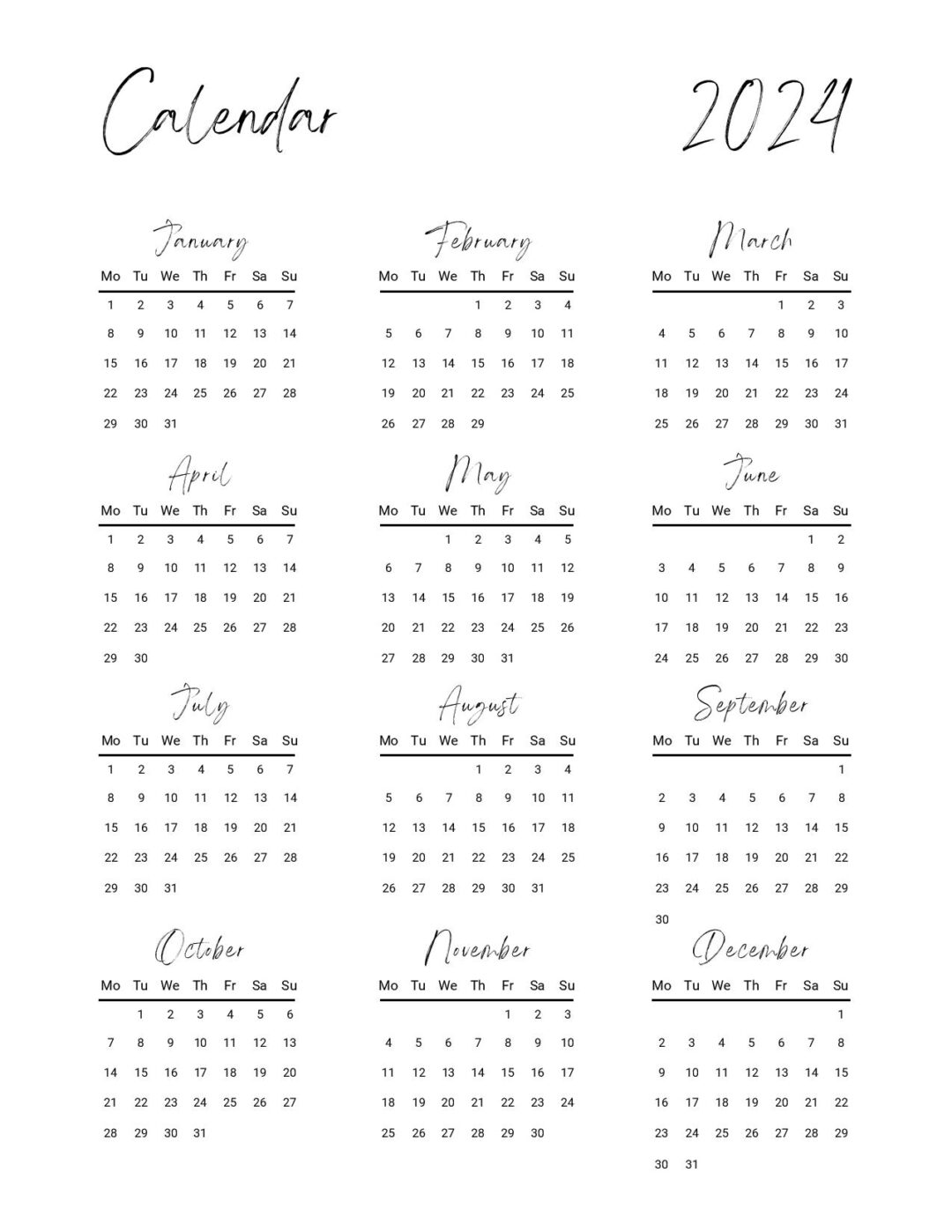 Free Printable 2024 Calendar Template (PDF, Word)