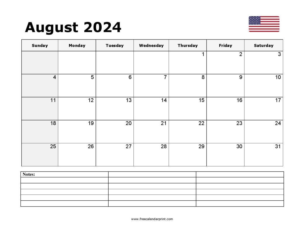 Free Printable August 2024 Calendar PDF Templates