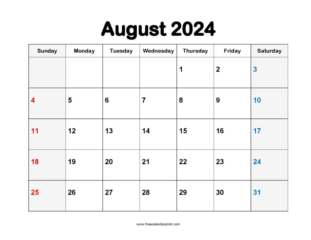 Free Printable August 2024 Calendar PDF Templates