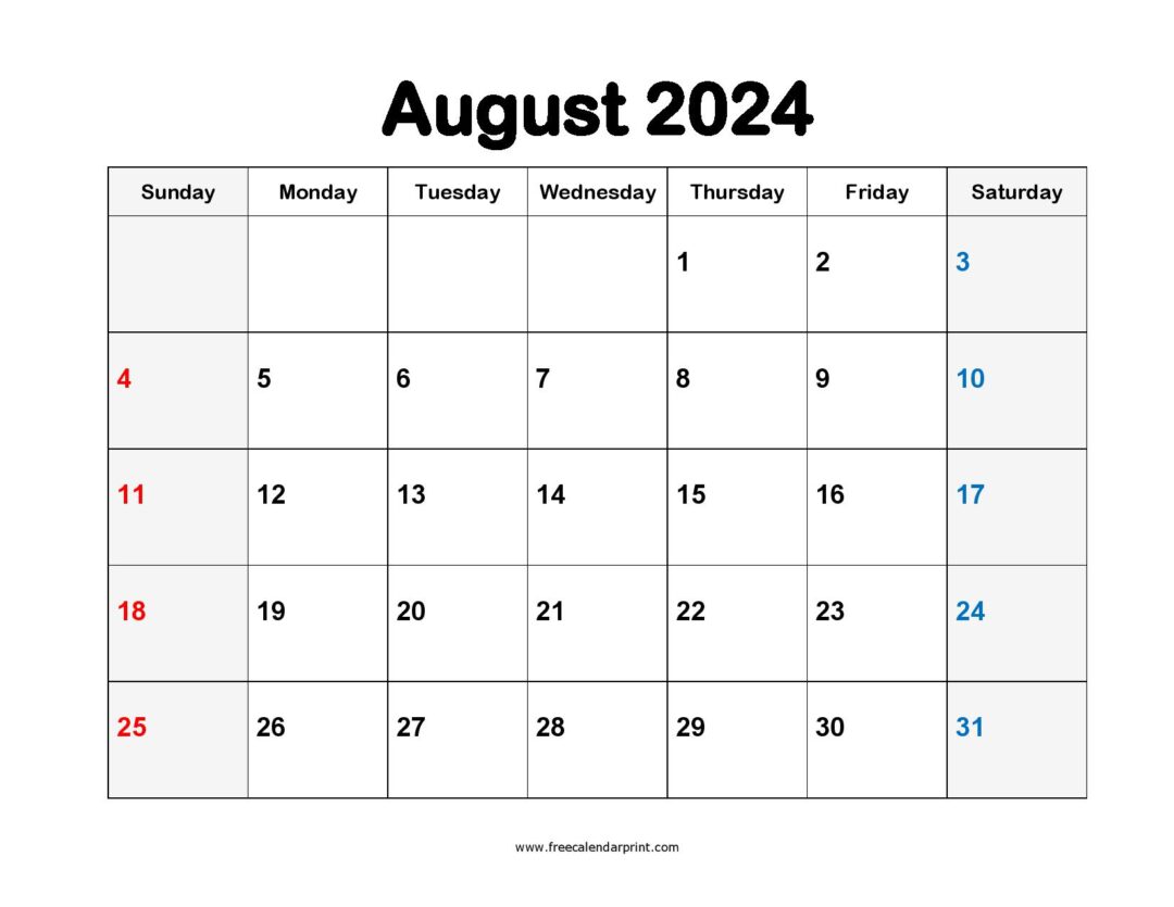 Free Printable August 2024 Calendar PDF Templates