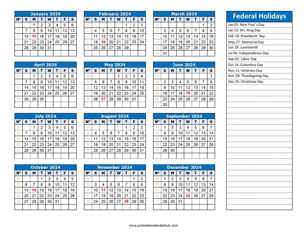 2024 Calendar with Federal Holidays