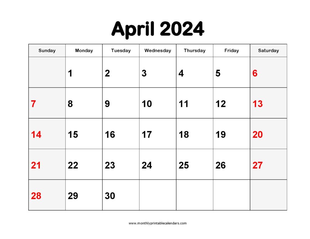April 2024 calendar printable