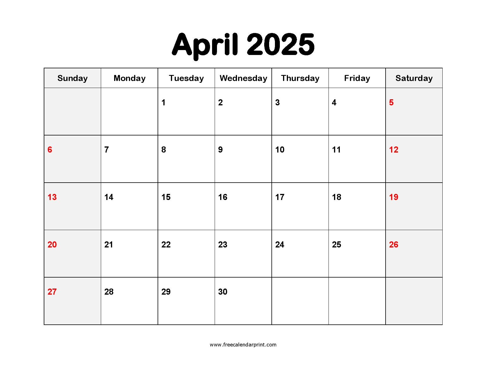 printable April 2025 calendar