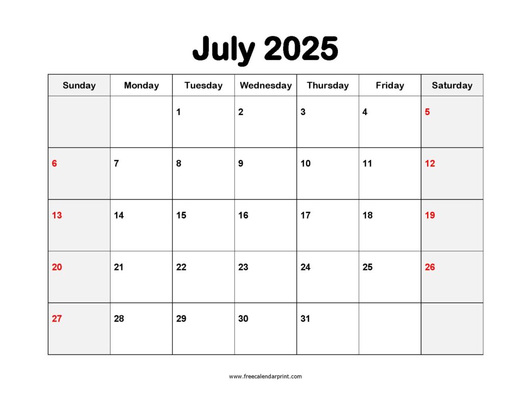 Free July 2025 Calendar