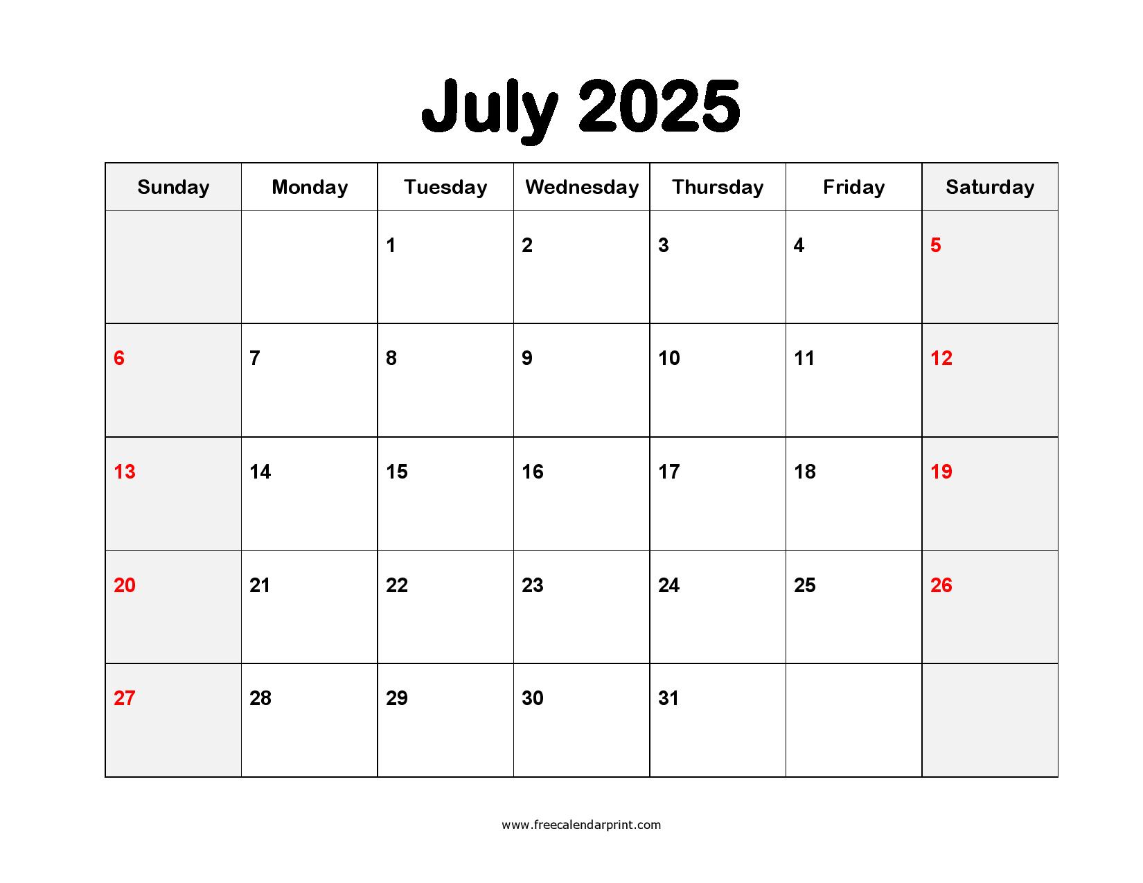 printable July 2025 calendar