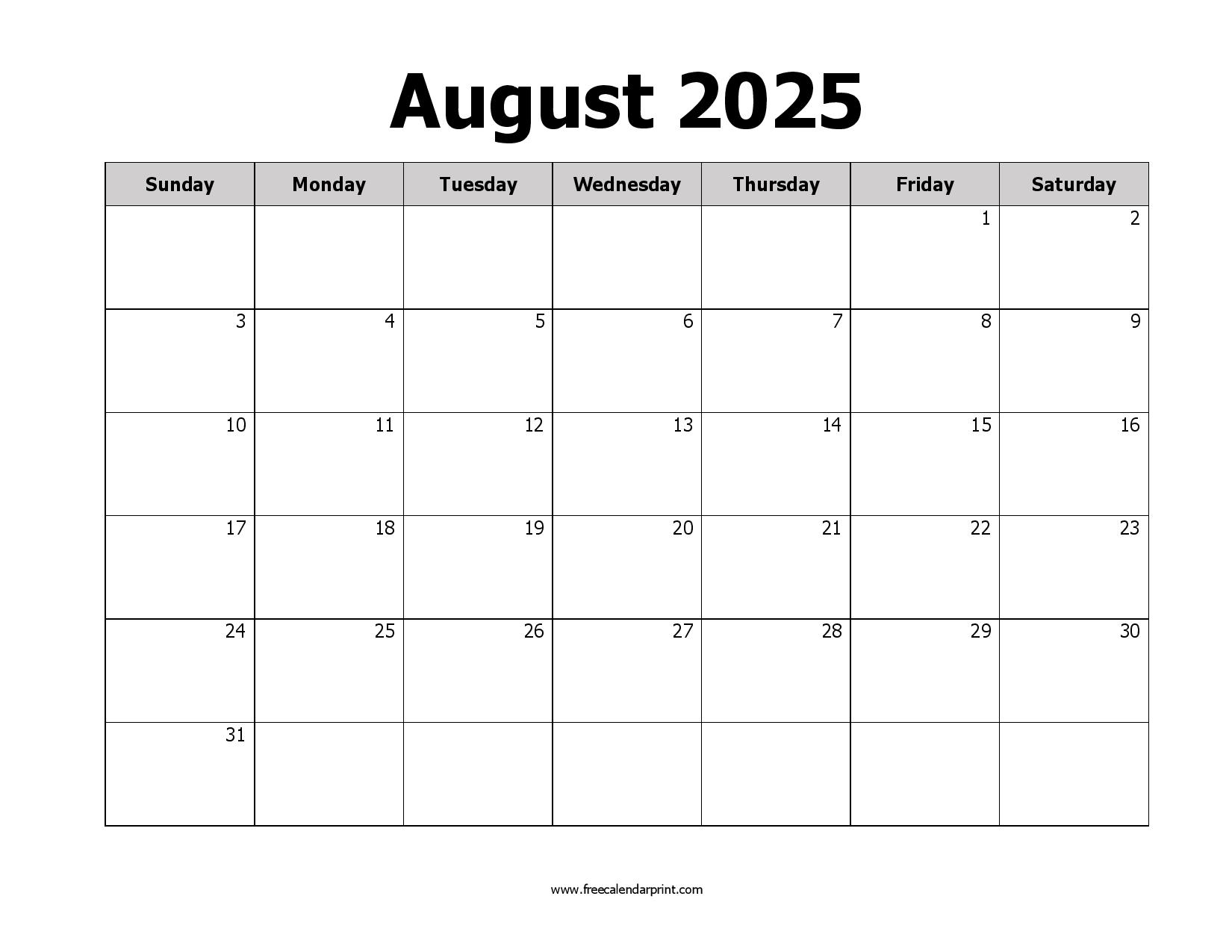 printable August 2025 calendar