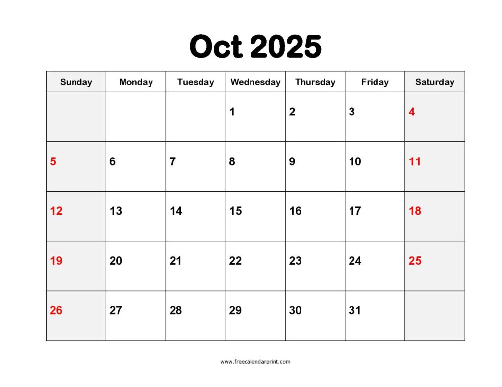 Free October Calendar 2025