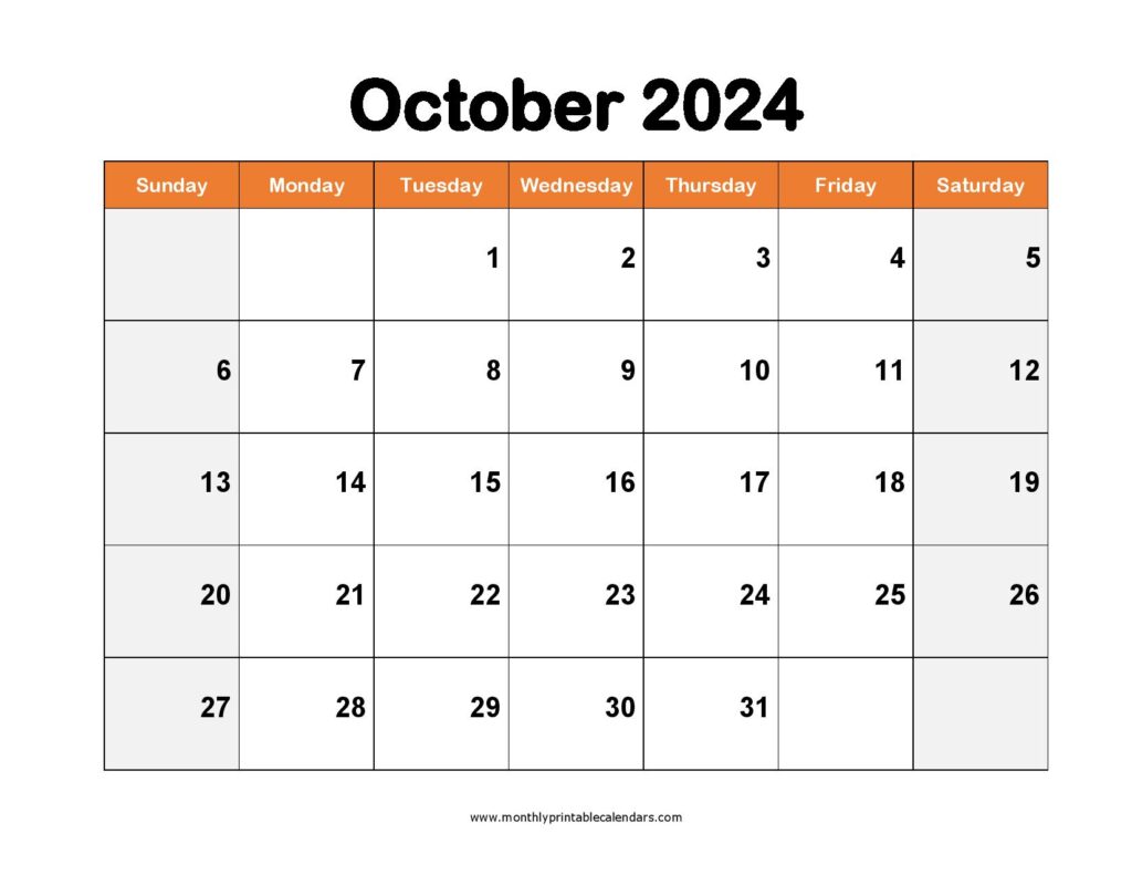 October 2024 Calendar Printable Free Pdf Printable Judie Ernesta