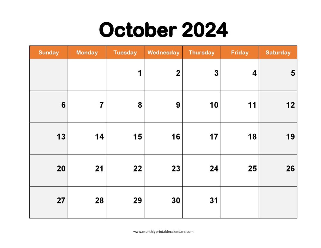 October 2024 Calendar Printable PDF Template