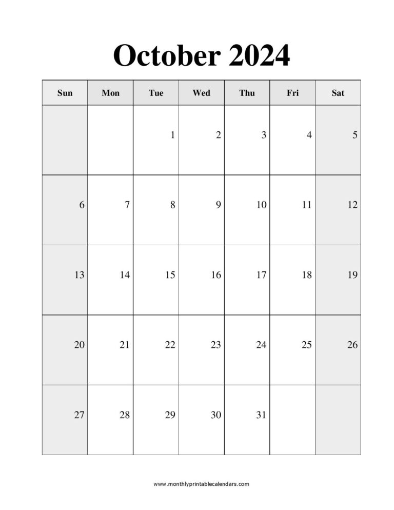 October 2024 Calendar Printable PDF Template