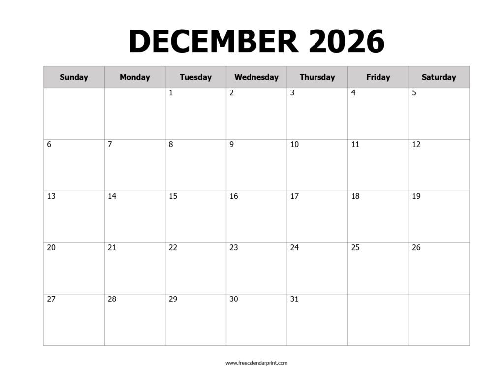 December 2026 Printable Calendar