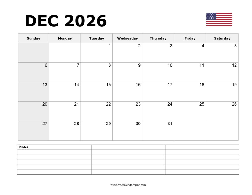 Printable December 2026 Calendar
