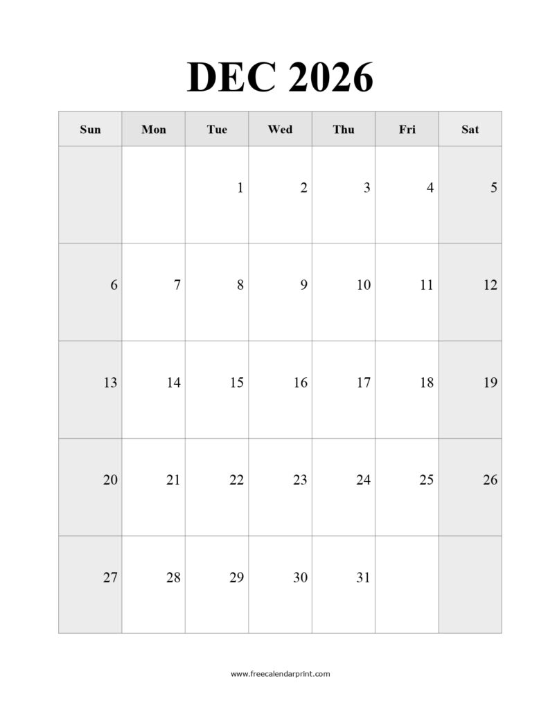 Free December Calendar 2026