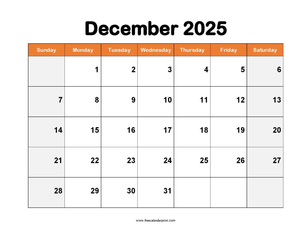 Printable December 2025 Calendar