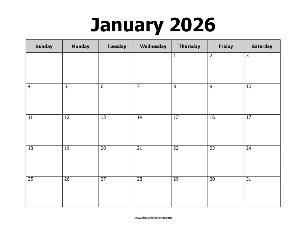 Printable January 2026 Calendar