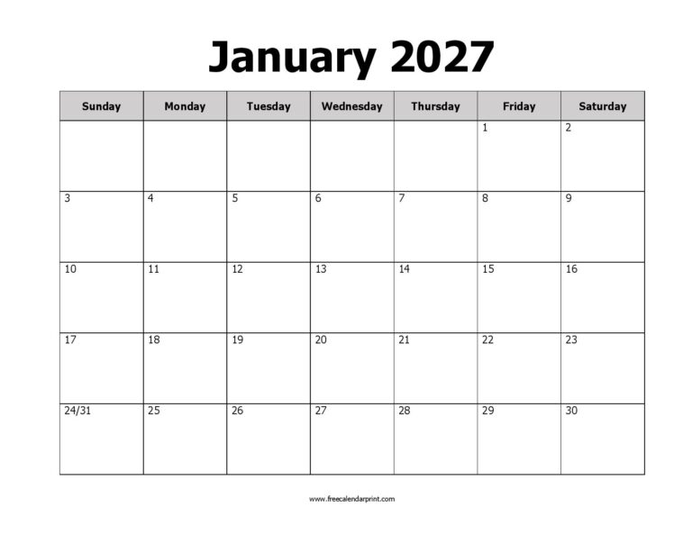 January 2027 calendar printable, Classic Calendar