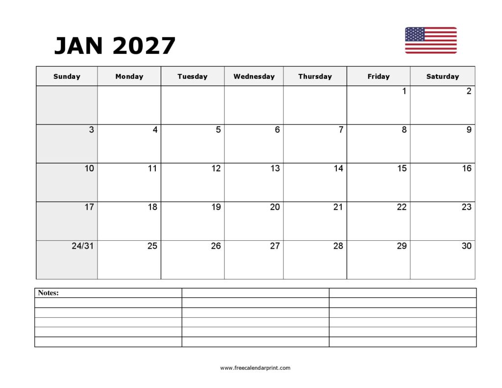 January 2027 Calendar Printable