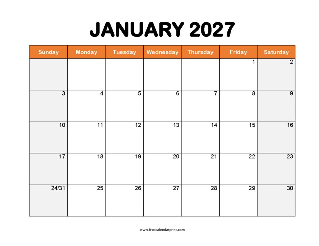 Printable January 2027 Calendar