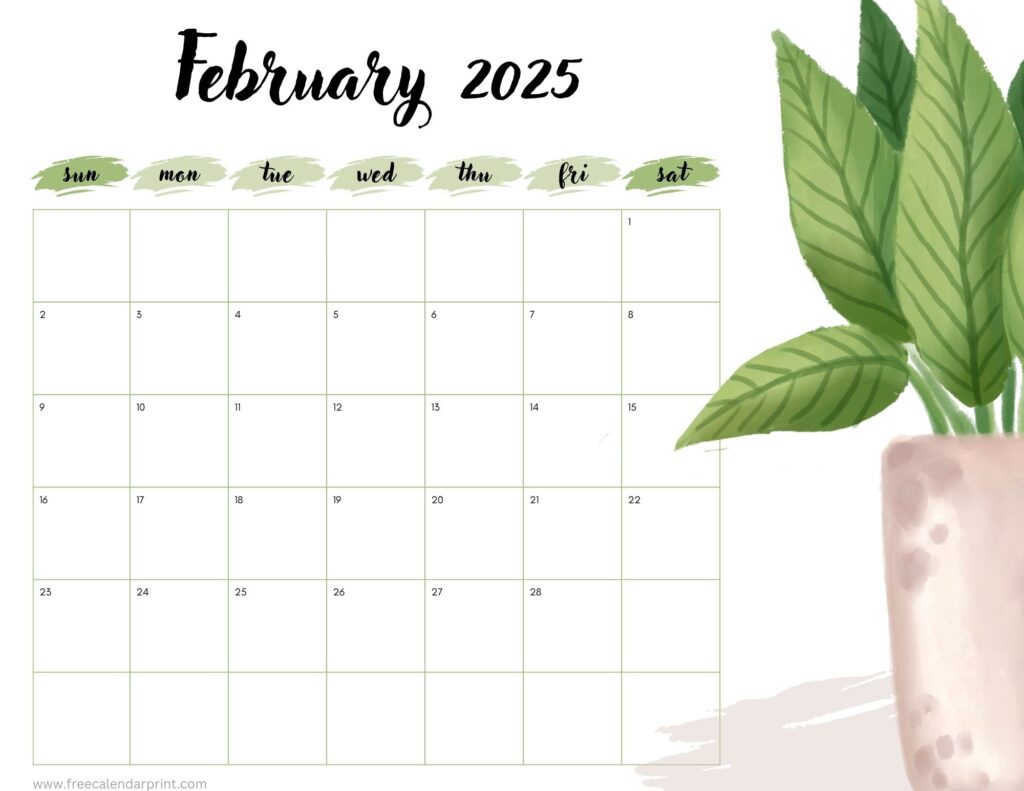 February 2025 calendar with leaves