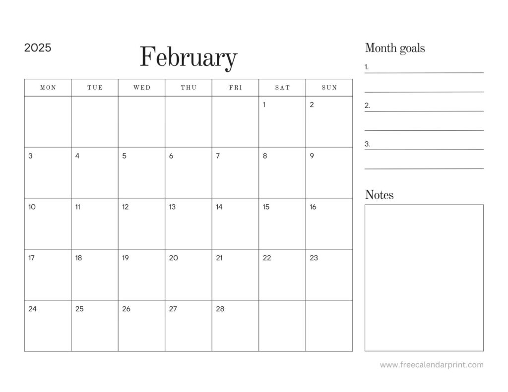 February 2025 calendar with notes