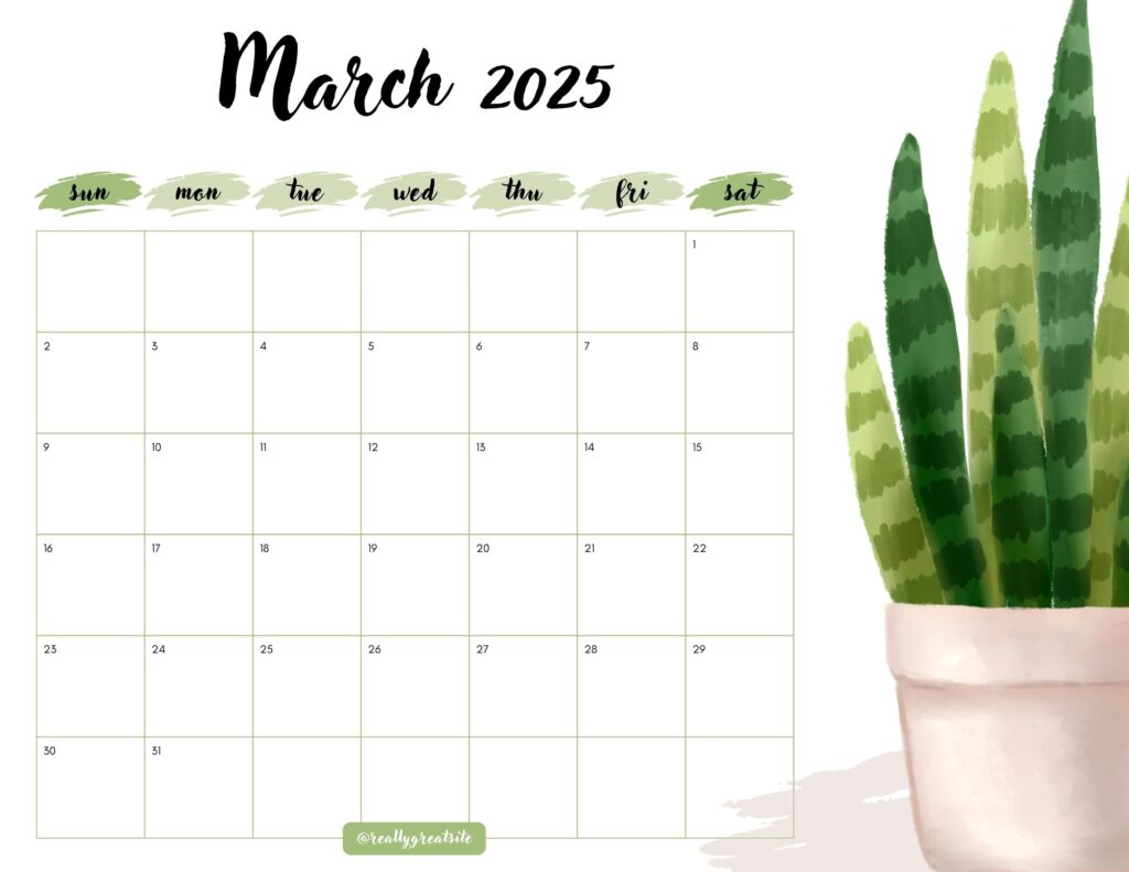 March 2025 calendar green leaf